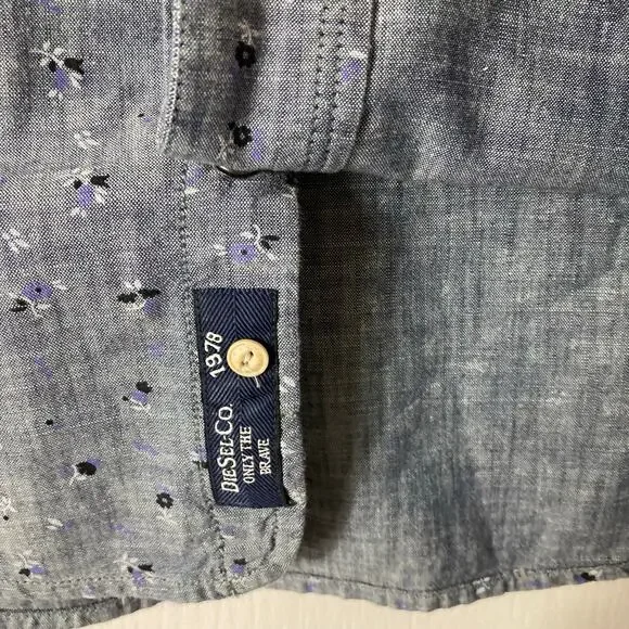 Nwot DIESEL Shirt M Grey Floral Blue-Snaps Logo Pocket Long-Sleeve Cotton“Sermon